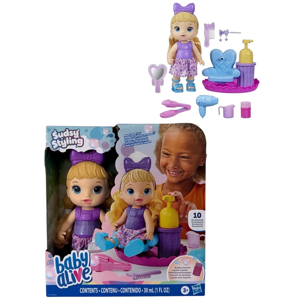 Baby Alive Sudsy Styling Doll Blonde Hair Salon Chair 10 Accessories Hasbro NEW